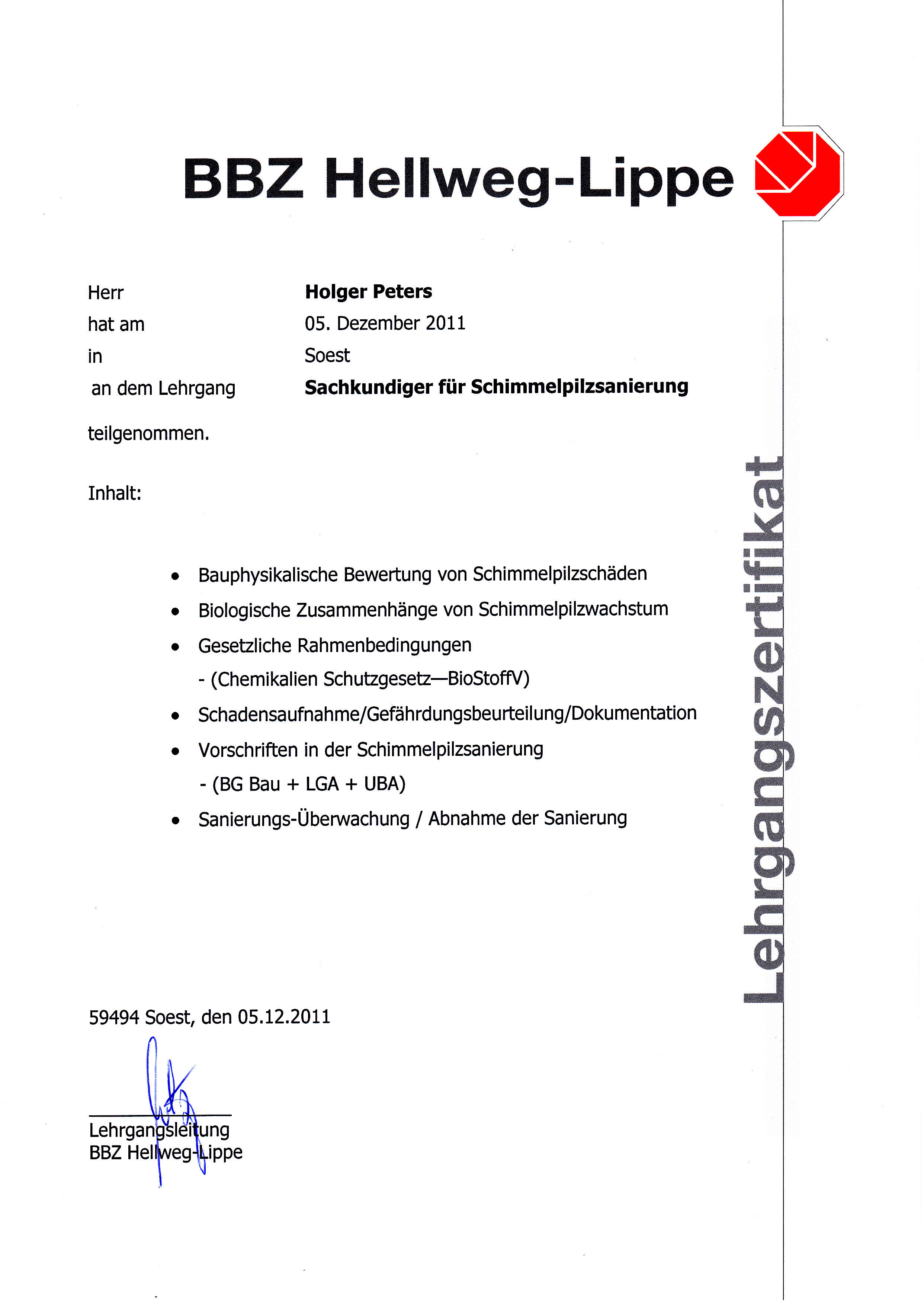 Zertifikat Sachkunde Schimmel 1